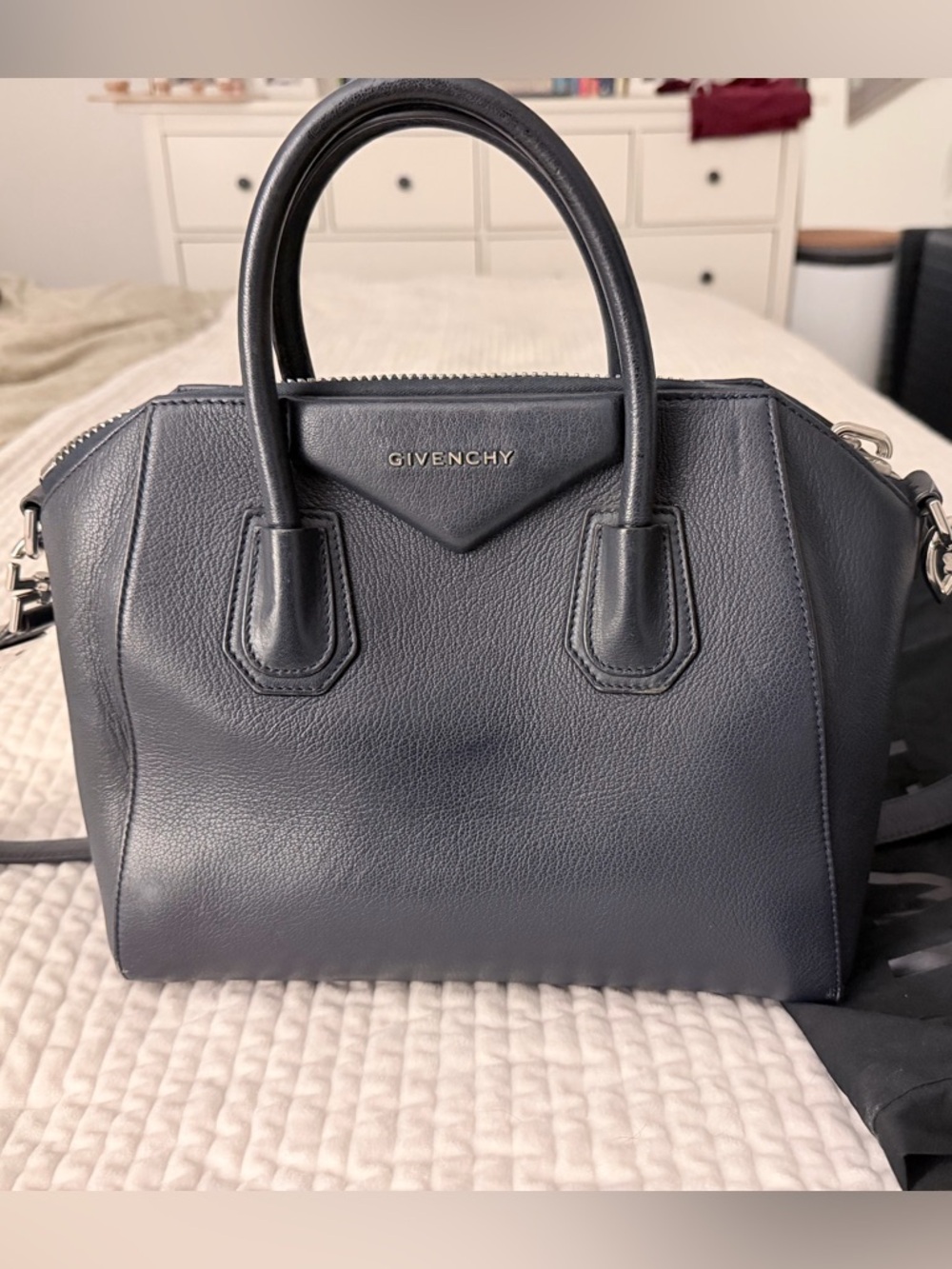 Givenchy Navy Antigona Small leather tote with Silver Hardware incl long strap